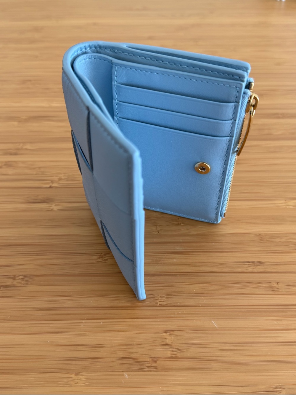 Bottega Veneta Small Cassette Maxi Intrecciato Bi-fold Leather Wallet, Blue